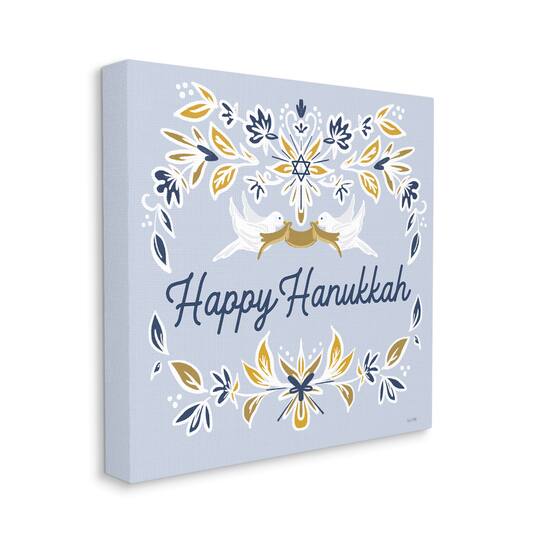 Stupell Industries Happy Hanukkah Floral Doves Banner Canvas Wall Art